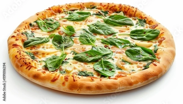 Obraz A delicious, freshly baked spinach and white pizza, isolated on a white background.