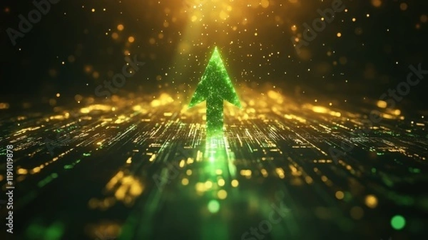 Fototapeta Futuristic Digital Arrow Symbolizing Growth and Success in a Technological Matrix Background with Glowing Particles