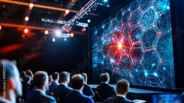 Fototapeta Tech conference stage with keynote speakers discussing cutting-edge trends like generative AI and quantum encryption, exploring the future of technology, security, and innovation.