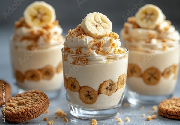 Fototapeta Delicious and Creamy Banana Pudding Dessert in Glasses with Crushed Cookies and Fresh Banana Slices for a Sweet Treat on a Light Background