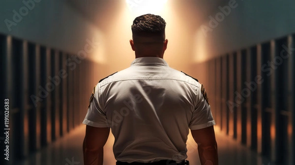 Fototapeta A correctional officer patrolling a high-security prison block, representing law enforcement in a correctional facility