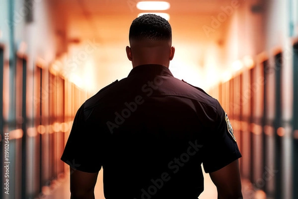 Fototapeta A correctional officer patrolling a high-security prison block, representing law enforcement in a correctional facility