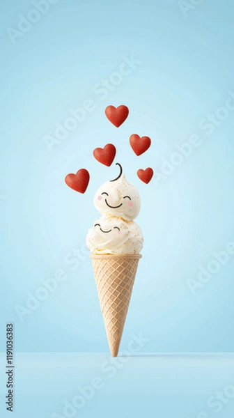 Fototapeta Kawaii ice cream cone with heart shaped toppings, cheerful and fun