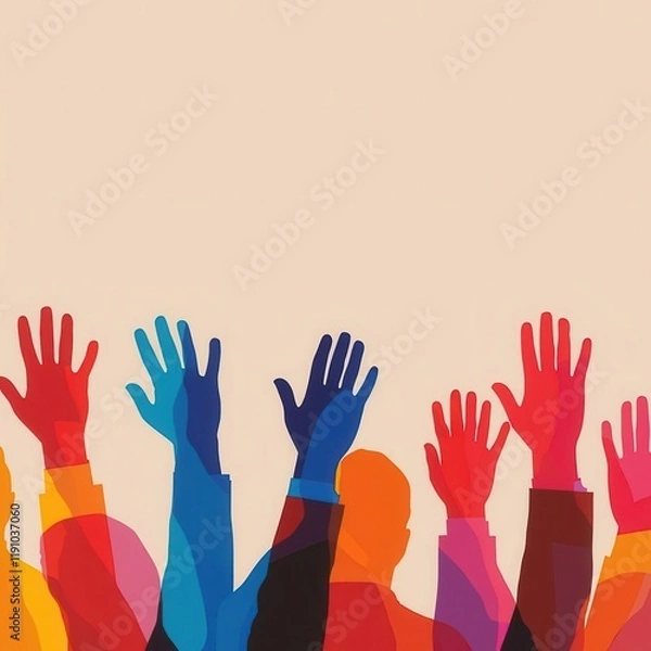 Fototapeta Shareholders voting during annual meeting (close up, focus on, copy space), vivid colors, double exposure silhouette with raised hands