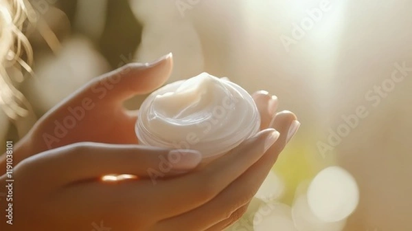 Fototapeta Close-up of Woman's Hands Gently Holding Body Lotion Jar, Soft Skin and Smooth Cream Texture Emphasized in Sunlight