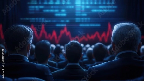 Fototapeta Large group of shareholders watching a presentation on financial performance, digital charts and stock market data, formal business meeting