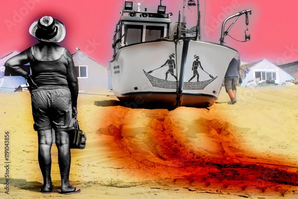 Fototapeta Symboliczne ujęcie postaci czekającej na łódź Charona przez Styx na surrealistycznej plaży pod czerwonym niebem