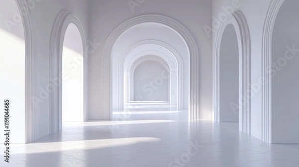 Fototapeta Sunlit white arched hallway interior.