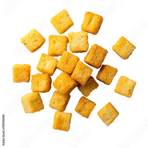 Fototapeta Crispy golden squares of savory cornbread or croutons arranged in a minimalist pattern on a white background