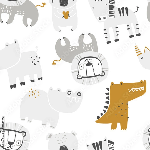 Fototapeta Vector seamless pattern with tropical animals. Print for kids with African animals. Koala, lion, zebra, rhino, crocodile, hippo. Hand drawn jungle texture for fabric, children's clothes, textiles.