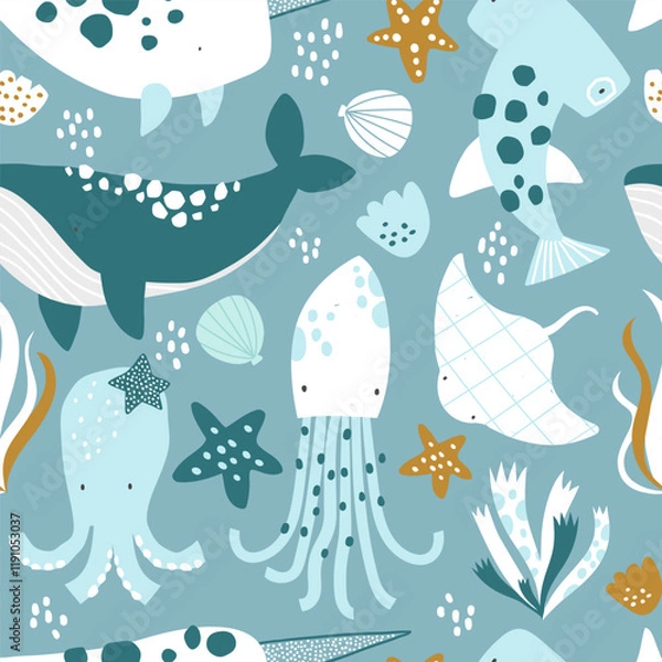 Fototapeta Vector cute seamless pattern with sea creatures, shells and seaweed. Whale, stingray, octopus, narwhal, hammerhead shark. Creative kids texture for fabric, wrapping, textile, wallpaper. Nursery.