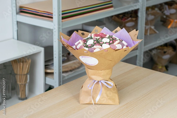 Fototapeta Candy Bouquet in Craft Paper Wrapping on Wooden Table