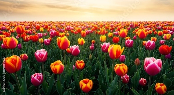 Fototapeta A meadow filled with colorful tulips of various shades swaying gently in the breeze