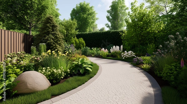 Fototapeta Scenic garden pathway residential area landscape lush environment natural view tranquil concept for peaceful living