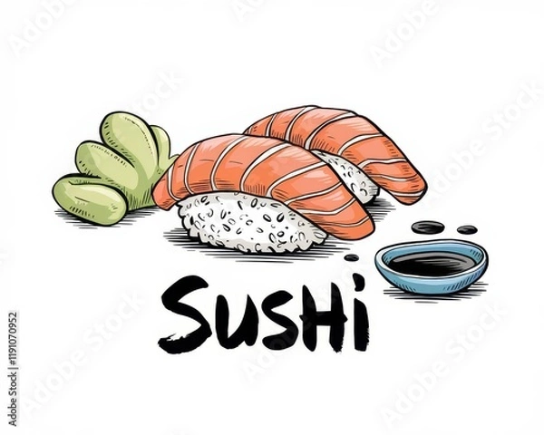 Fototapeta Delicious Salmon Sushi with Wasabi and Soy Sauce