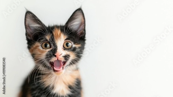 Obraz Playful calico kitten with open mouth on neutral background
