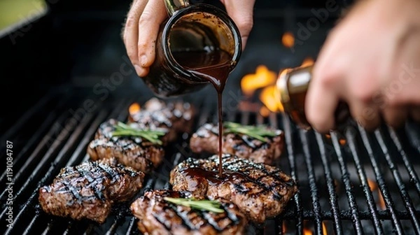 Obraz Close up view of hands carefully pouring marinade sauce over succulent grilled meat on a hot barbecue grill creating a mouthwatering culinary display of flavors and aromas