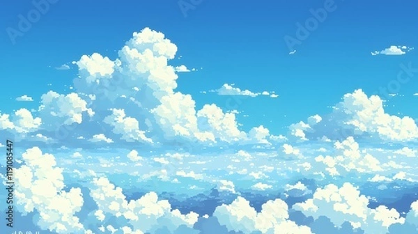 Fototapeta A pixel art background depicting a clear blue sky with fluffy clouds, suitable for platformers or adventure games