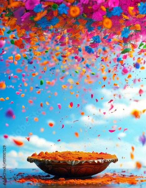 Obraz Holi Festival of Colors decorated product display podium background, Spring Holi bloom, colorful flower petals and splashes of vibrant powder, blue skies, vibrant Holi festive colors, hinduism