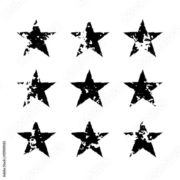 Obraz Star icons with grunge texture set. Vintage retro style. Design elements. Black silhouette, isolated on white background. Grungy artistic template. Distressed symbol. Paint brush. Vector illustration
