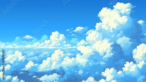 Fototapeta A pixel art style scene with a clear blue sky and fluffy clouds, ideal for platformer or adventure game backgrounds