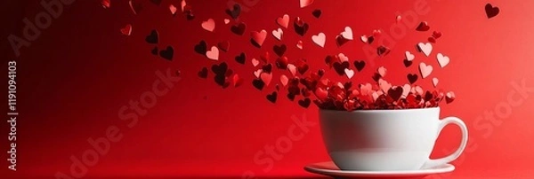 Obraz Red paper hearts splash out from white coffee cup on red paper background. Love and Valentine's day concept. Copy Space