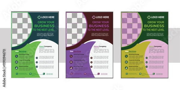 Fototapeta A bundle of 3 templates of different colors a4 flyer template, modern business flyer template,  Business abstract vector template. Brochure design, cover modern layout, annual report, poster, Creative
