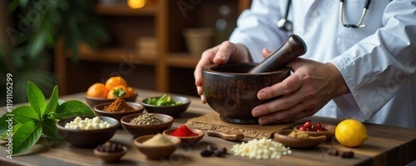 Obraz A doctor using a mortar and pestle with various herbs and spices in a warm kitchen setting.