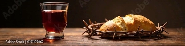 Obraz A symbolic representation of communion with bread and wine on a rustic wooden table.