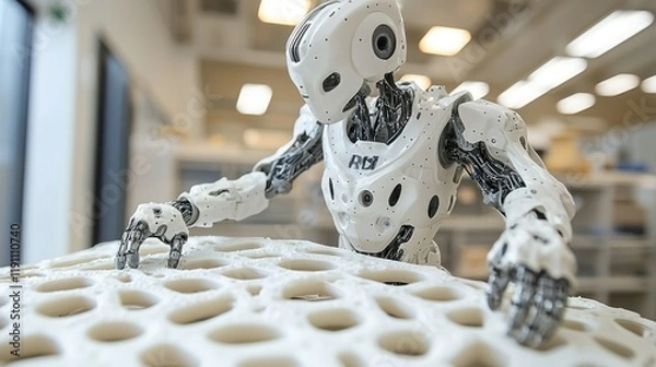 Obraz Advanced Robotics: A White Robot Carefully Interacting with a Complex 3D-Printed Structure in a Modern Technological Environment