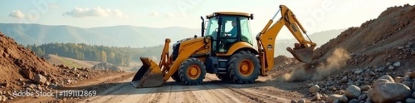 Obraz A yellow backhoe loader working on a construction site during daylight.