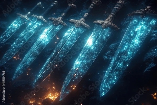 Fototapeta Glowing blue swords, dark background, fantasy scene.