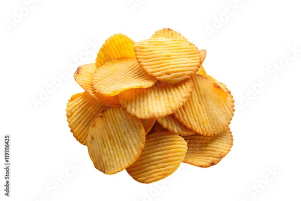 Fototapeta pile of golden yellow ridged potato chips with wavy texture isolated on transparent or white background png