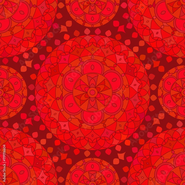 Obraz Seamless pattern with red Indian floral ornament for fabric swatch or wrapping paper. Vector vivid abstract kaleidoscopic background