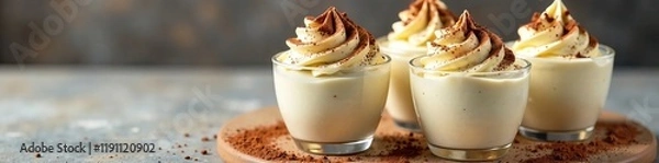 Obraz Delicious creamy desserts topped with swirls in elegant glasses on a rustic background.