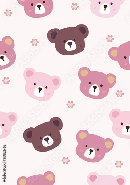 Obraz Breow Bear, pink bear, light pink bear, small flower on creame color background.Vector seamless pattern.