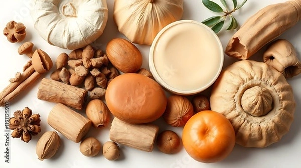 Obraz Photograph of isolated simple food elements natural earth tones browns beiges and muted colors
