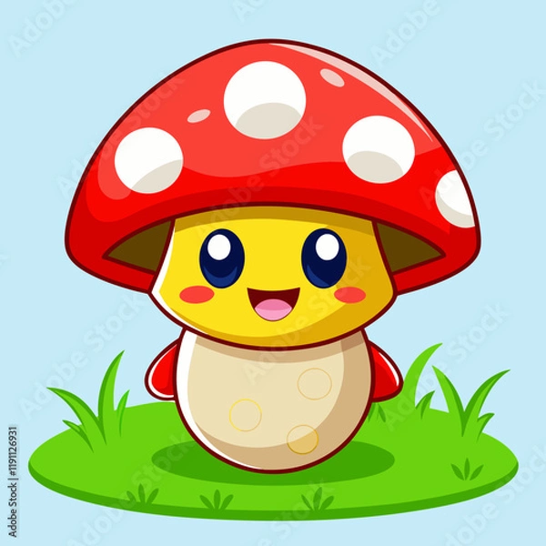 Obraz Cute Cartoon Mushroom Character with Red and White Spotted Cap – Cheerful Meadow Background for Children’s Book Illustration