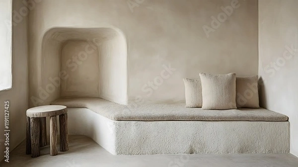Fototapeta Minimalist Built In Bench With Cushions And Small Wooden Stool