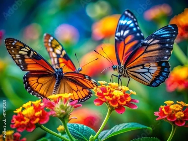 Fototapeta Vibrant Amazonian Butterflies on a Flower with Bokeh Background