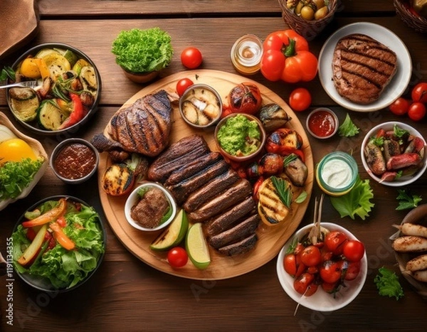 Fototapeta Generated image Summer barbecue spread with grilled meats, fresh salads, and assorted vegetables