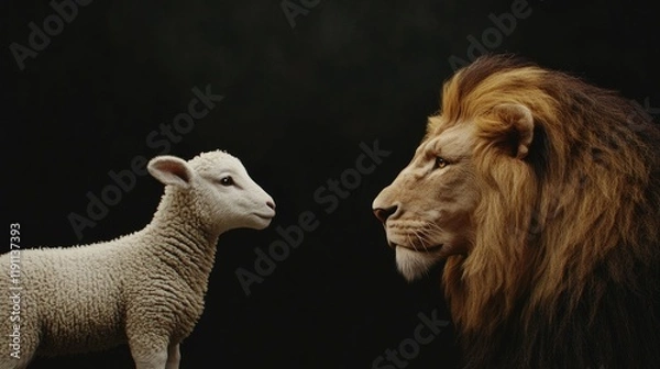 Fototapeta Lion and Lamb Profile Isolated on Black Background – AI Generated