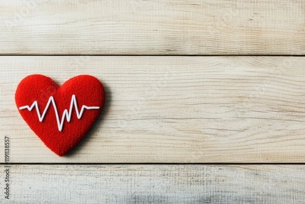 Fototapeta Red heart with heartbeat line showing wellness and health on wooden background