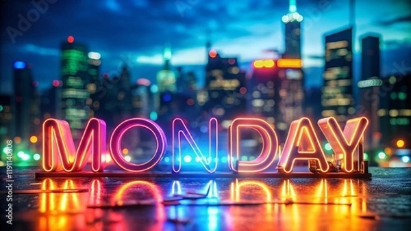 Fototapeta Vibrant Monday Neon Sign, Deep Depth of Field, City Night Background