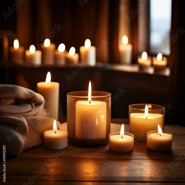 Fototapeta Generated image Warm glow of lit candles in a dark room creating a cozy atmosphere