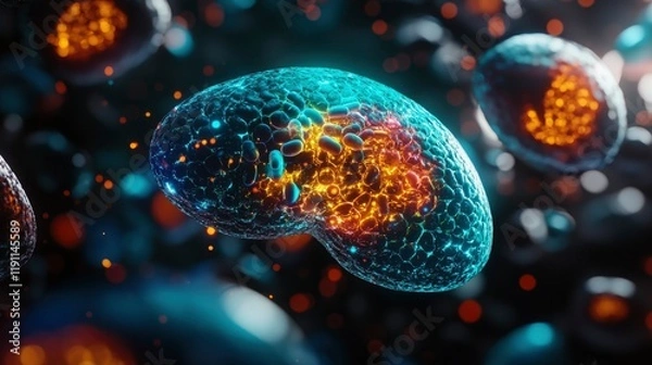 Obraz Microscopic Cellular Structure Glowing Bio-Organic Cell with Internal Energy