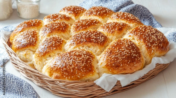 Fototapeta Golden-brown sesame bread rolls are beautifully presented in a woven basket, resting on a white cloth. They are soft and fluffy, perfect for sharing at a family meal