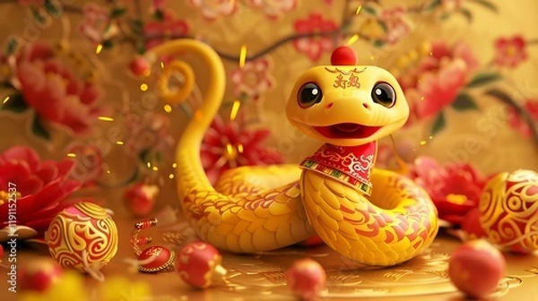 Fototapeta A festive 3D yellow snake rendered in a cute cartoon style, wearing a red and gold traditional costume, twisting playfully among firecrackers and festive floral patterns on a rich golden background