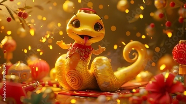 Fototapeta A festive 3D yellow snake rendered in a cute cartoon style, wearing a red and gold traditional costume, twisting playfully among firecrackers and festive floral patterns on a rich golden background