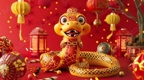 Fototapeta A vibrant 3D illustration of a cheerful yellow snake with a rounded cartoon style, wearing traditional Chinese dance attire featuring intricate red and gold patterns, surrounded by festive lanterns